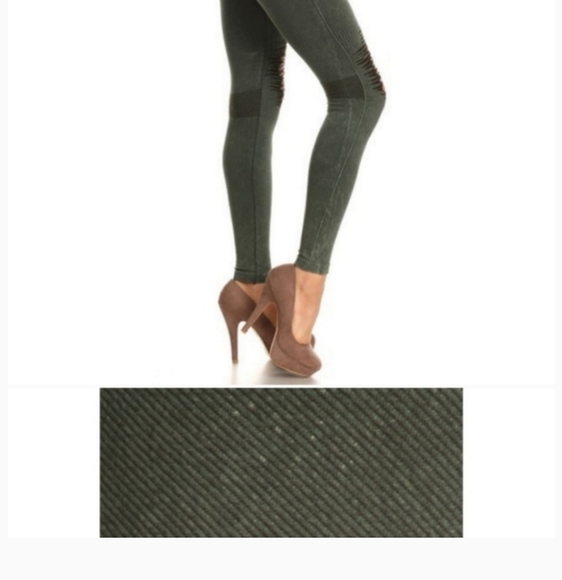 Army Green Distressed Leggings;Tummy Control Waist - Picture 3 of 4